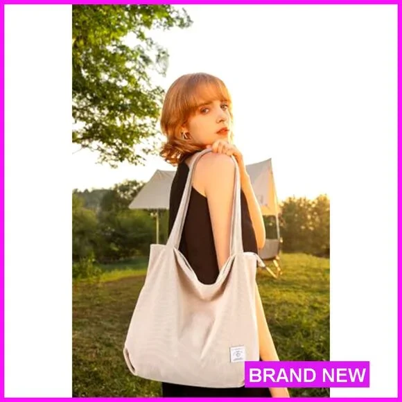 Corduroy Tote Bag Zipper Casual Large Capacity Shoulder Bag with Pockets - Picture 3 of 7